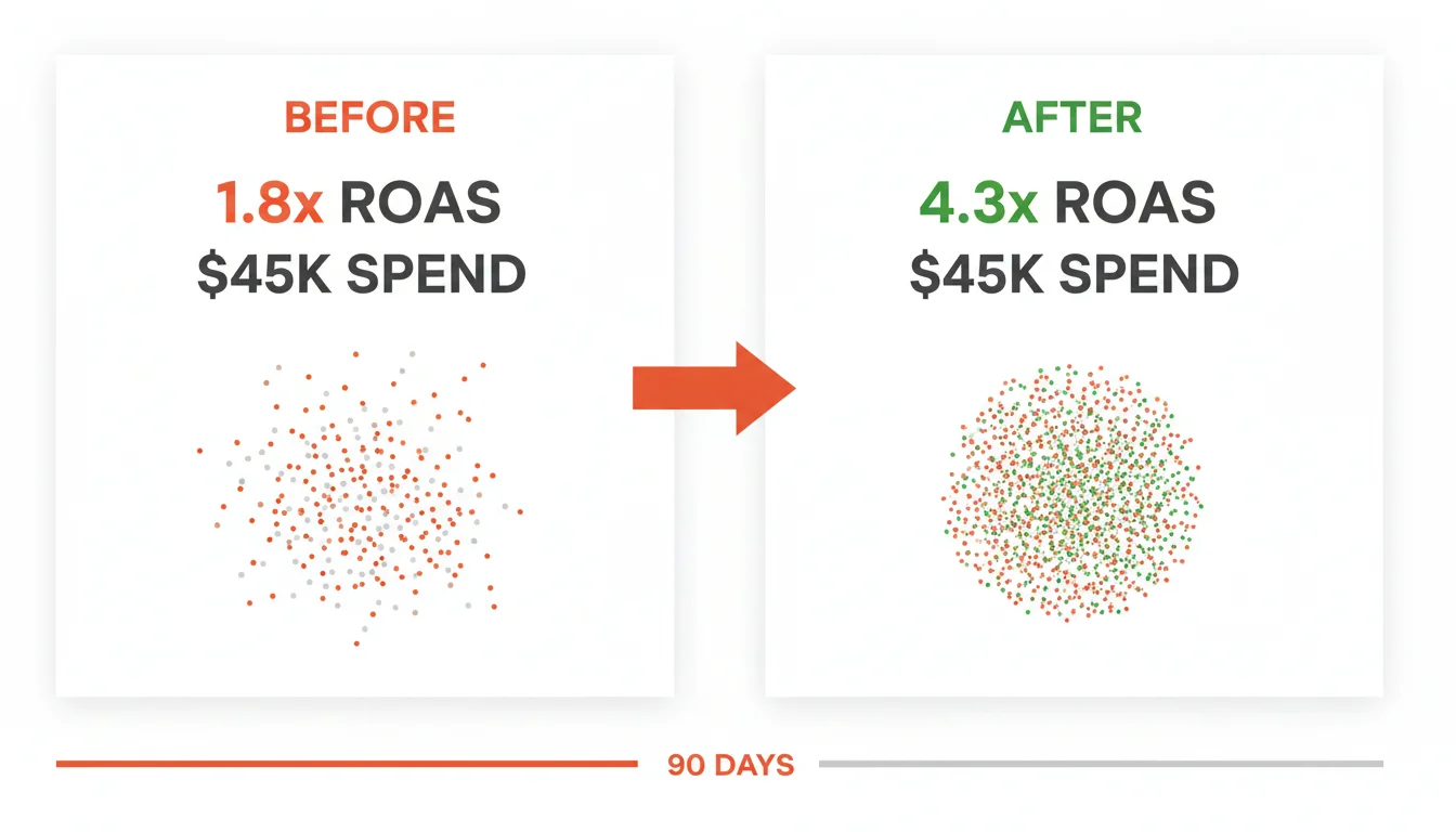 Before and after comparison: 1.8x ROAS improved to 4.3x ROAS at the same $45K spend over 90 days